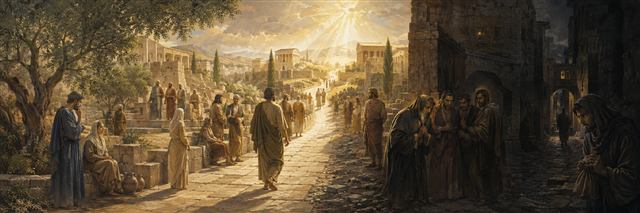 A community stands where an open path toward light divides from a shadowed path of whispered intrigue